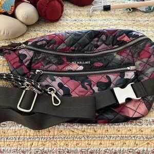 MZ Wallace Pink, Green and Black Crosby large sling Bag with Quilted Camo